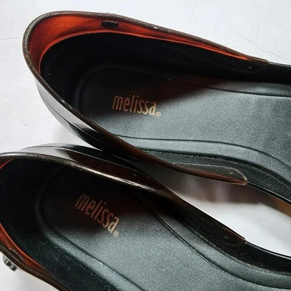 Melissa Black Tortoise Bow & Gold Detail Size 8 Peep Toe  Jelly PVC - Picture 4 of 9